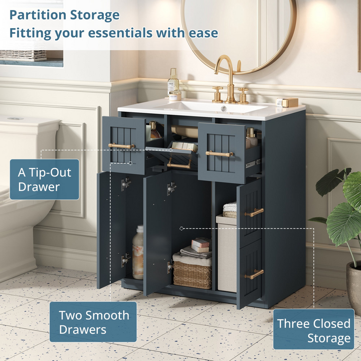 Buy farmhouse furniture Modern Bathroom Vanity Cabinet with Ceramic Sink, Drawers &amp; Storage for Bathroom Organization - Modern Cottage Farmhouse Furniture