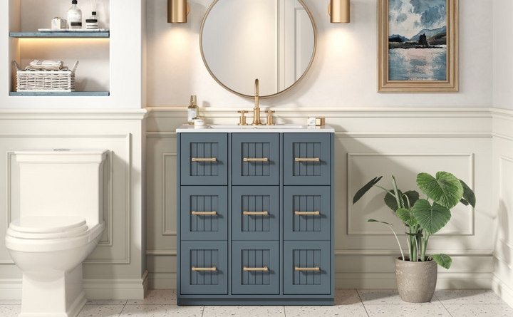 Buy farmhouse furniture Modern Bathroom Vanity Cabinet with Ceramic Sink, Drawers &amp; Storage for Bathroom Organization - Modern Cottage Farmhouse Furniture
