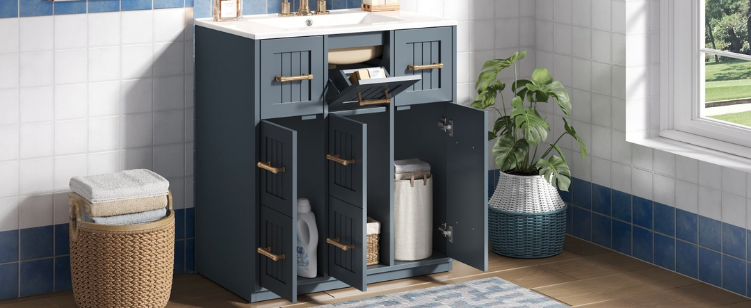 Buy farmhouse furniture Modern Bathroom Vanity Cabinet with Ceramic Sink, Drawers &amp; Storage for Bathroom Organization - Modern Cottage Farmhouse Furniture