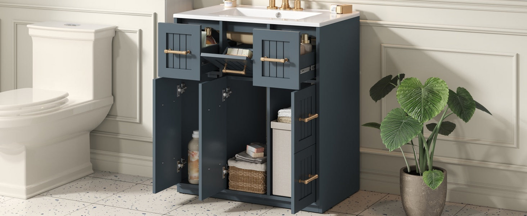 Buy farmhouse furniture Modern Bathroom Vanity Cabinet with Ceramic Sink, Drawers &amp; Storage for Bathroom Organization - Modern Cottage Farmhouse Furniture