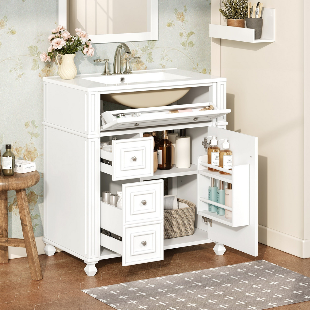 Buy farmhouse furniture Farmhouse Bathroom Vanity | Ceramic Sink Basin, Soft-Close Doors &amp; Storage Cabinet - Modern Cottage Farmhouse Furniture