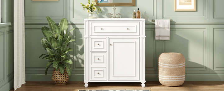 Buy farmhouse furniture Farmhouse Bathroom Vanity | Ceramic Sink Basin, Soft-Close Doors &amp; Storage Cabinet - Modern Cottage Farmhouse Furniture