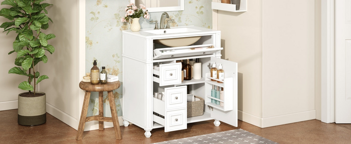 Buy farmhouse furniture Farmhouse Bathroom Vanity | Ceramic Sink Basin, Soft-Close Doors &amp; Storage Cabinet - Modern Cottage Farmhouse Furniture
