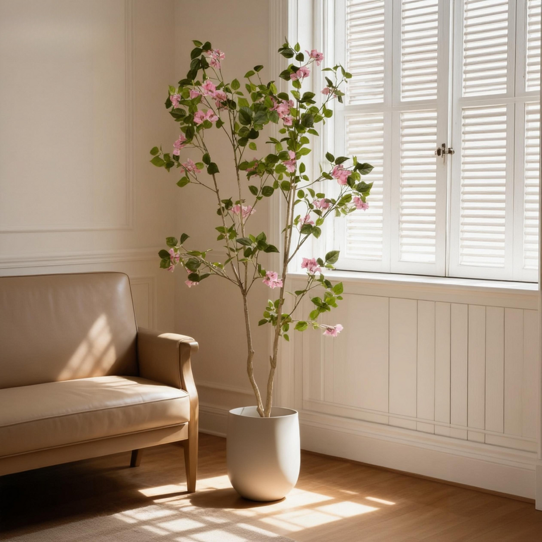 Buy farmhouse furniture Artificial Bougainvillea Tree with Black Pot | Faux Pink Flowering Indoor Plant | 72" Tall - Modern Cottage Farmhouse Furniture