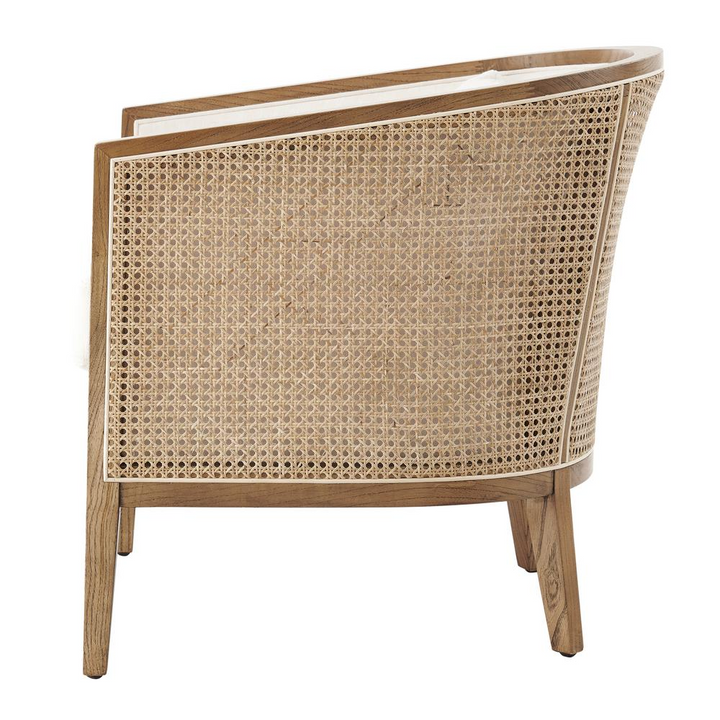 Buy farmhouse furniture Tillman Linen Accent Arm Chair w/ Rattan - Modern Cottage Farmhouse Furniture