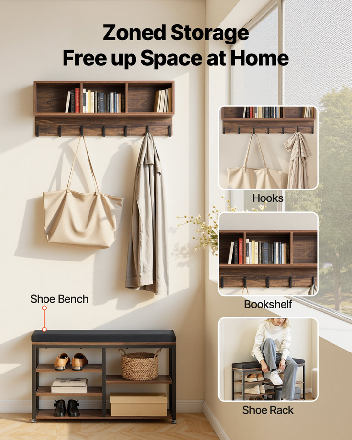 Buy farmhouse furniture Farmhouse 3-in-1 Shoe Coat Rack Combo Set with Hooks and Bookshelf - Modern Cottage Farmhouse Furniture