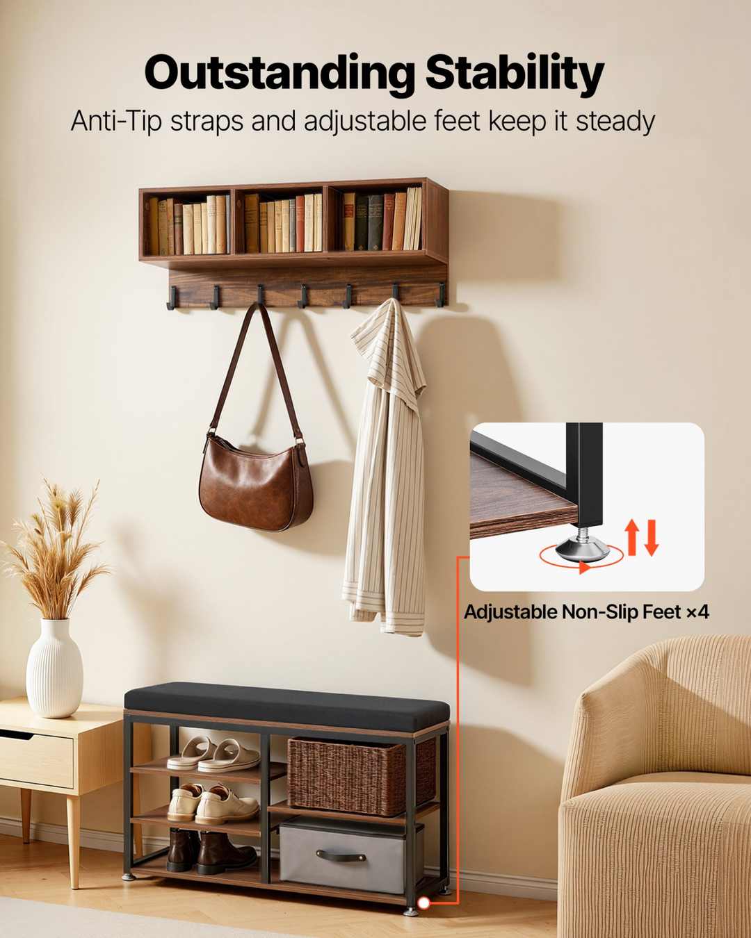 Buy farmhouse furniture Farmhouse 3-in-1 Shoe Coat Rack Combo Set with Hooks and Bookshelf - Modern Cottage Farmhouse Furniture