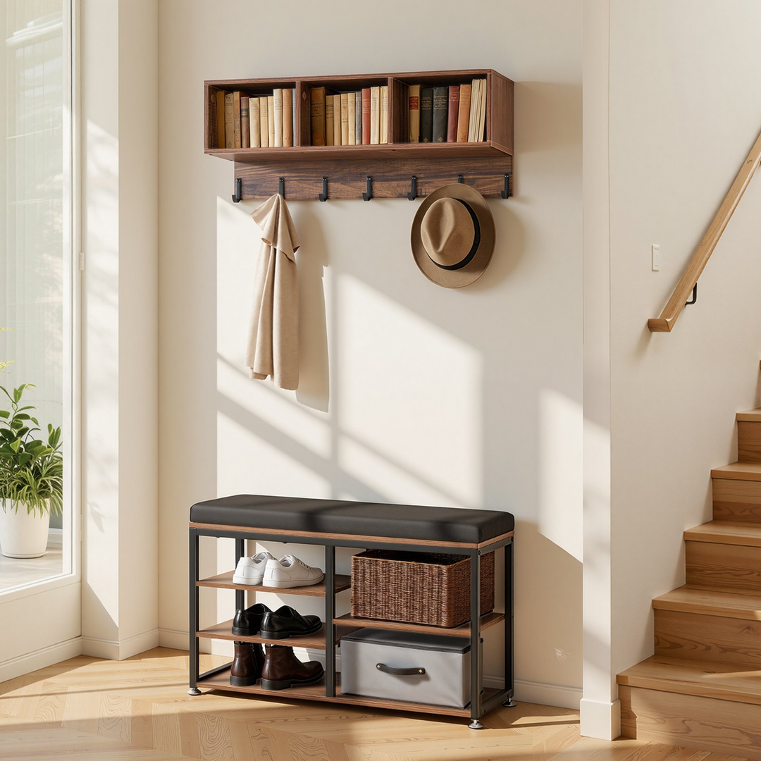 Buy farmhouse furniture Farmhouse 3-in-1 Shoe Coat Rack Combo Set with Hooks and Bookshelf - Modern Cottage Farmhouse Furniture