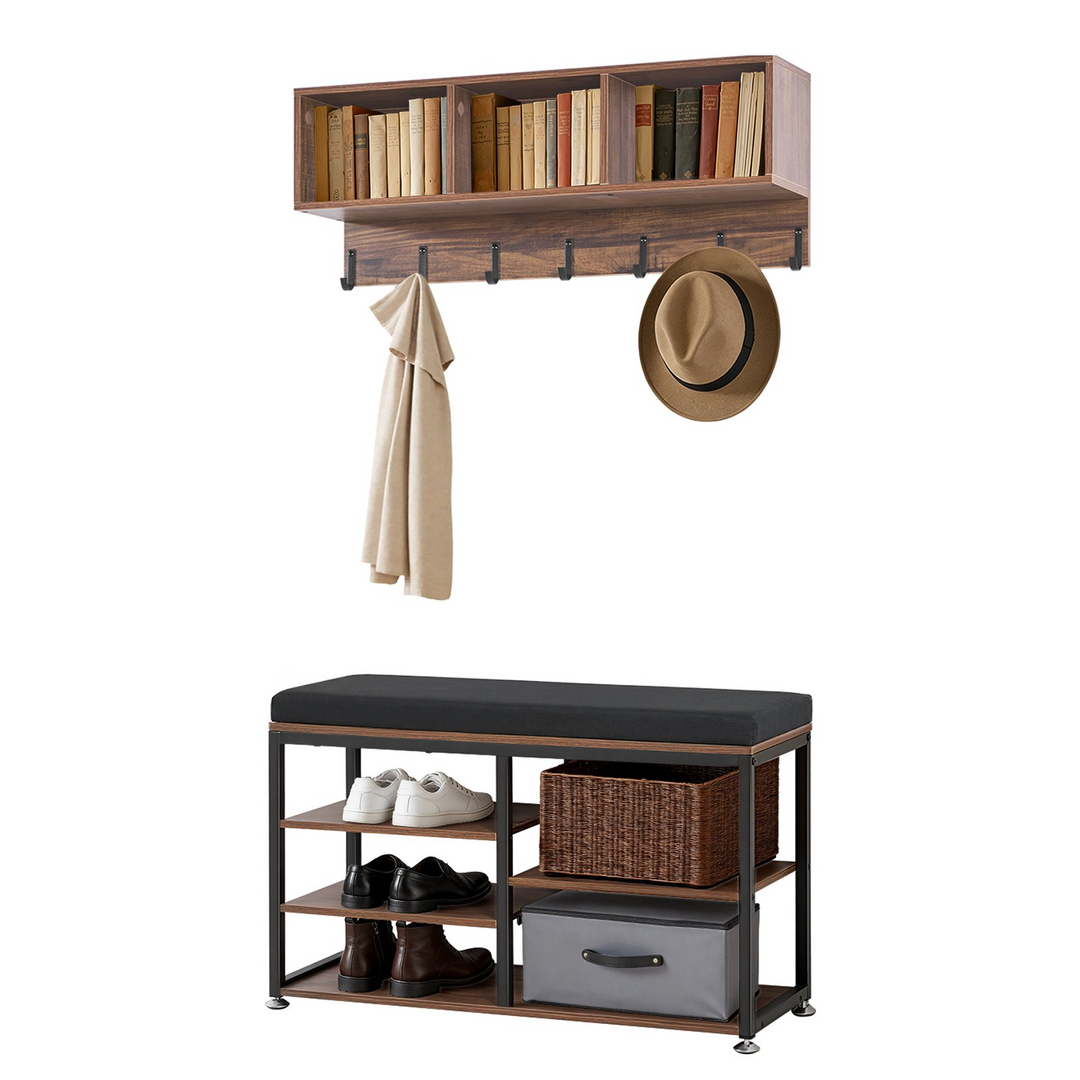 Buy farmhouse furniture Farmhouse 3-in-1 Shoe Coat Rack Combo Set with Hooks and Bookshelf - Modern Cottage Farmhouse Furniture