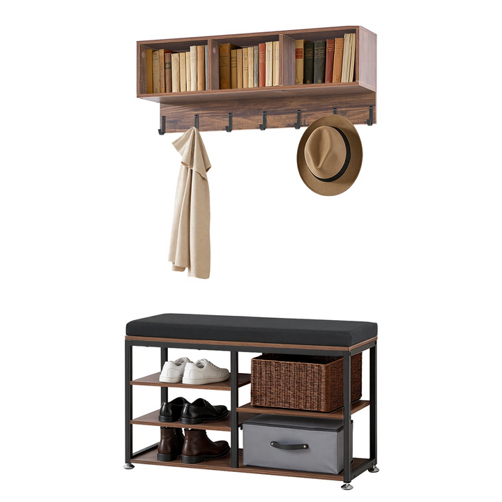 Buy farmhouse furniture Farmhouse 3-in-1 Shoe Coat Rack Combo Set with Hooks and Bookshelf - Modern Cottage Farmhouse Furniture