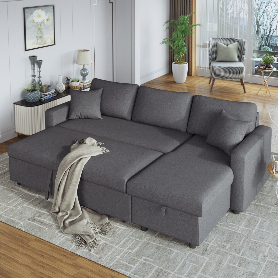 Buy farmhouse furniture Le Céleste | Upholstery Sleeper Sectional Sofa Grey with Storage Space, 2 Tossing Cushions - Modern Cottage Farmhouse Furniture