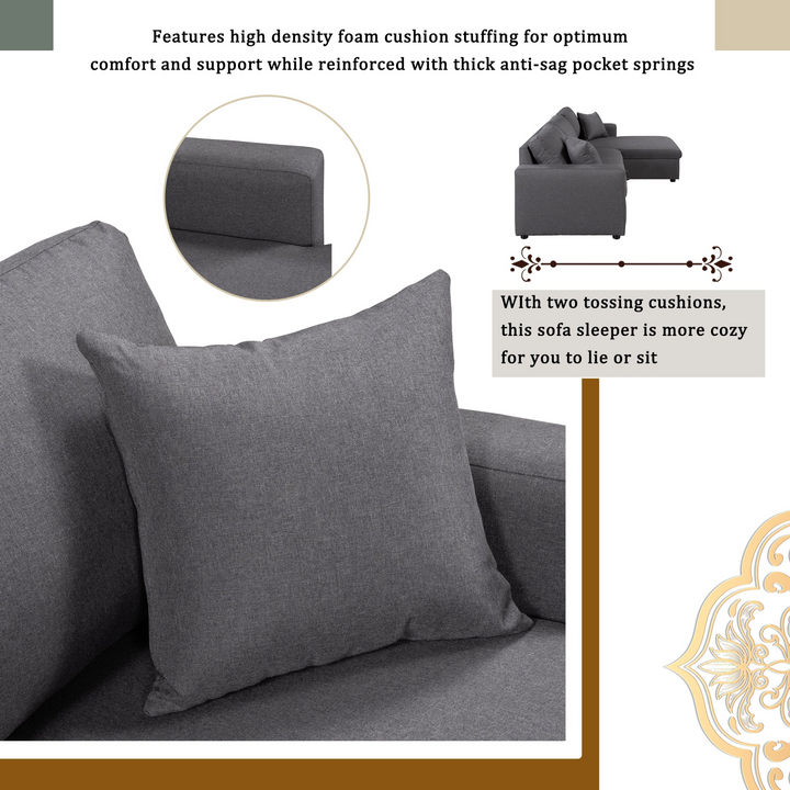 Buy farmhouse furniture Le Céleste | Upholstery Sleeper Sectional Sofa Grey with Storage Space, 2 Tossing Cushions - Modern Cottage Farmhouse Furniture