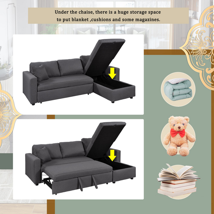 Buy farmhouse furniture Le Céleste | Upholstery Sleeper Sectional Sofa Grey with Storage Space, 2 Tossing Cushions - Modern Cottage Farmhouse Furniture