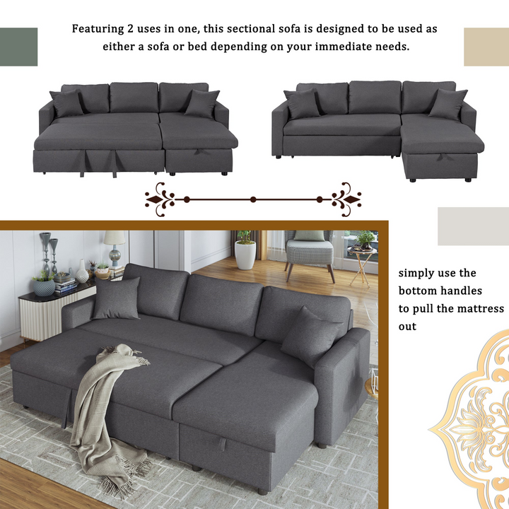 Buy farmhouse furniture Le Céleste | Upholstery Sleeper Sectional Sofa Grey with Storage Space, 2 Tossing Cushions - Modern Cottage Farmhouse Furniture
