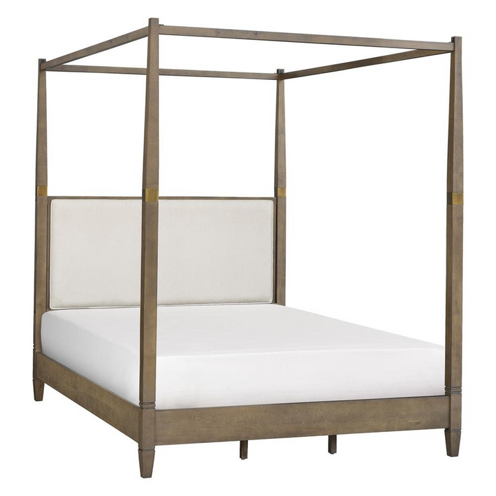 Buy farmhouse furniture Amber Farmhouse Queen Canopy Bed | Solid Wood with Upholstered Headboard &amp; Gold Accents - Modern Cottage Farmhouse Furniture