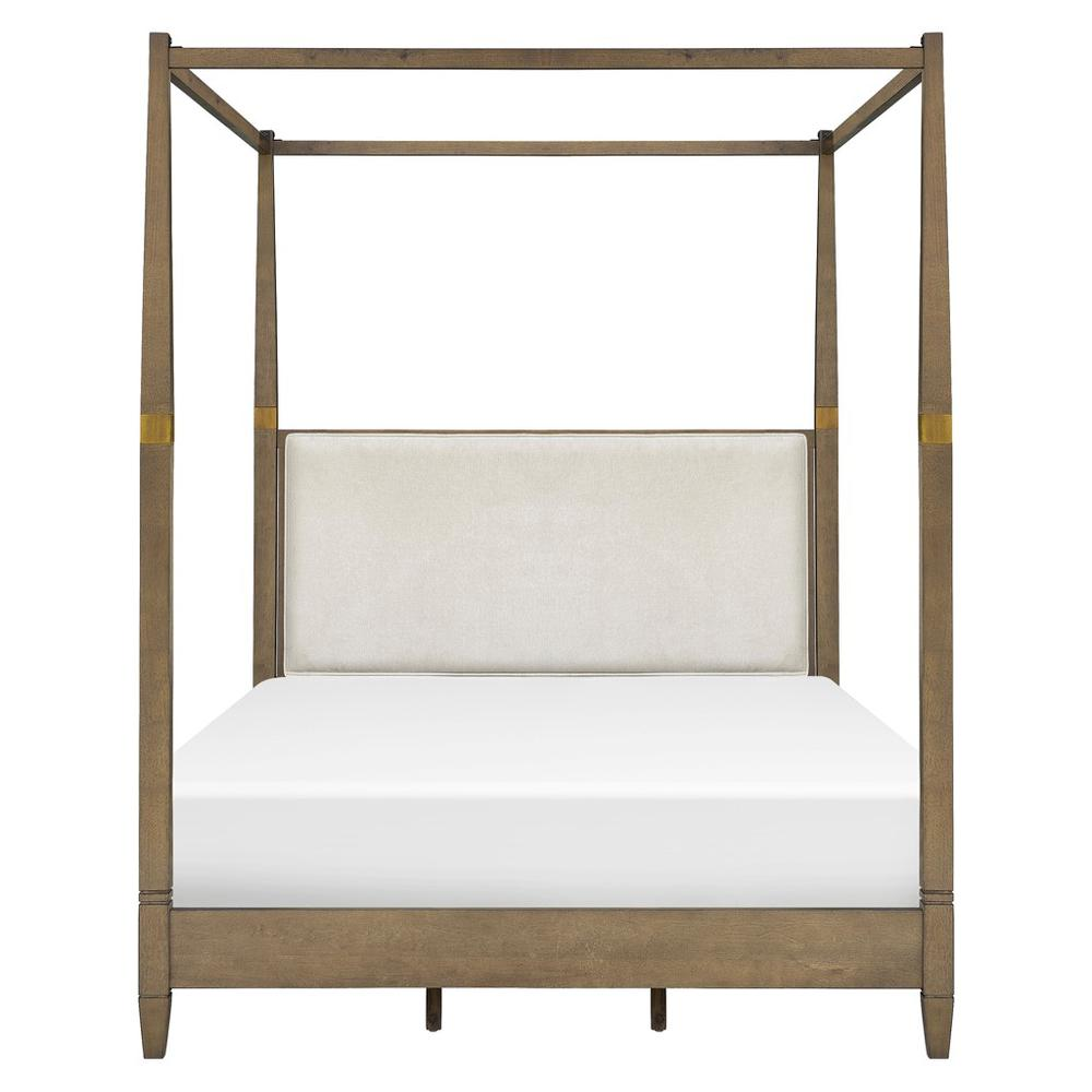 Buy farmhouse furniture Amber Farmhouse Queen Canopy Bed | Solid Wood with Upholstered Headboard &amp; Gold Accents - Modern Cottage Farmhouse Furniture