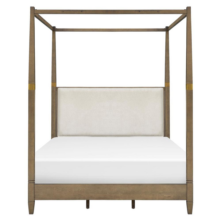 Buy farmhouse furniture Amber Farmhouse Queen Canopy Bed | Solid Wood with Upholstered Headboard &amp; Gold Accents - Modern Cottage Farmhouse Furniture