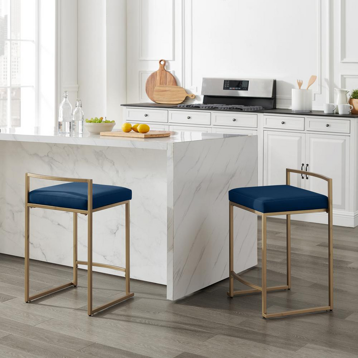 Buy farmhouse furniture The Portofino Ocean Blue Tuscan Leather &amp; Gold Bar Stools – Set of 2 - Modern Cottage Farmhouse Furniture
