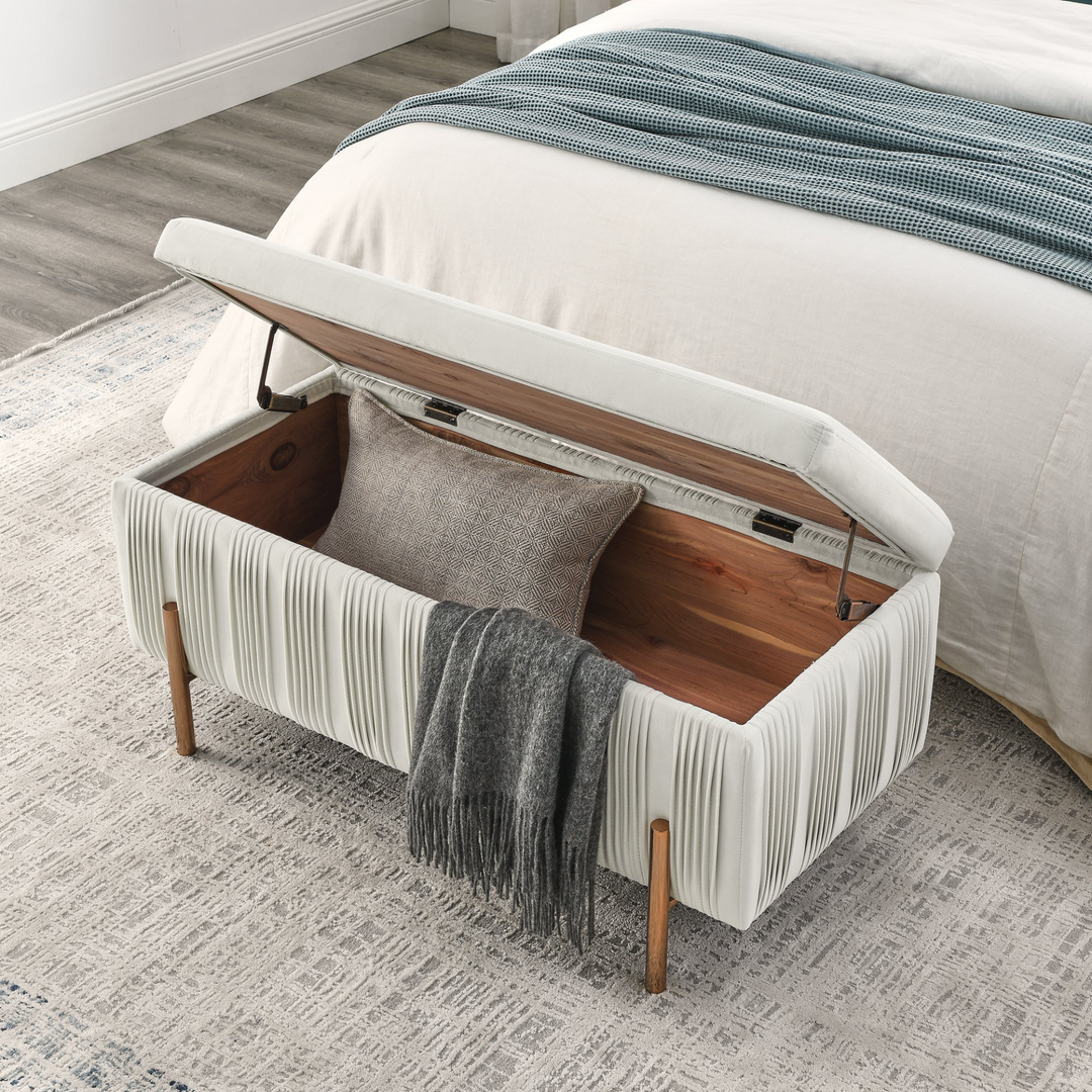 Buy farmhouse furniture Elegant Boho Upholstered Velvet Storage Bench Ottoman with Cedar Wood Veneer - Modern Cottage Farmhouse Furniture
