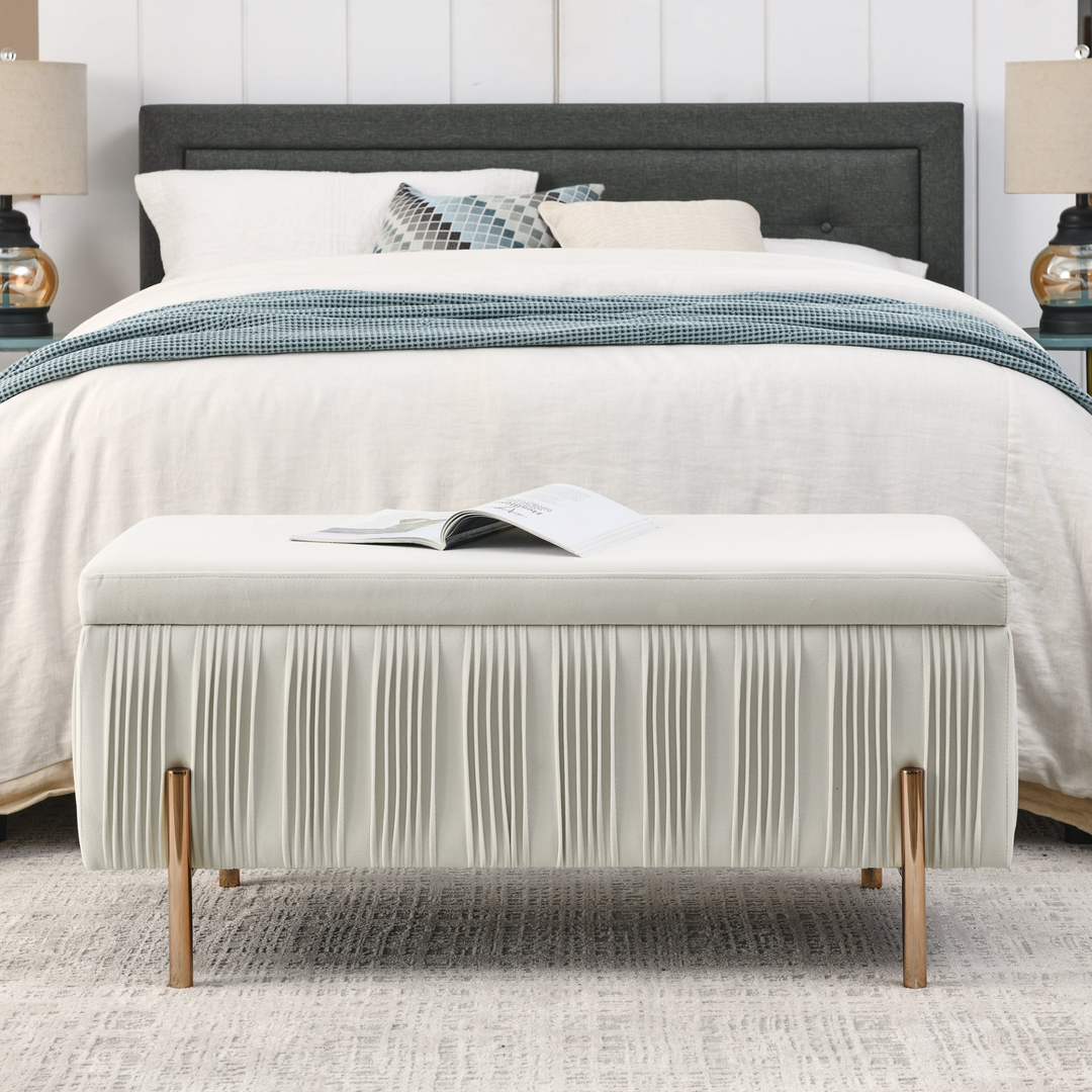 Buy farmhouse furniture Elegant Boho Upholstered Velvet Storage Bench Ottoman with Cedar Wood Veneer - Modern Cottage Farmhouse Furniture