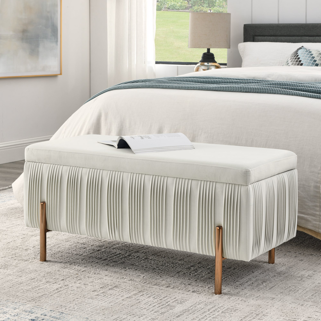 Buy farmhouse furniture Elegant Boho Upholstered Velvet Storage Bench Ottoman with Cedar Wood Veneer - Modern Cottage Farmhouse Furniture