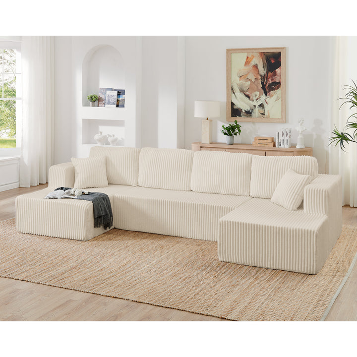 Buy farmhouse furniture La Ella Beige Low Profile Modular Mediterranean U Shape Sofa Sectional - Modern Cottage Farmhouse Furniture