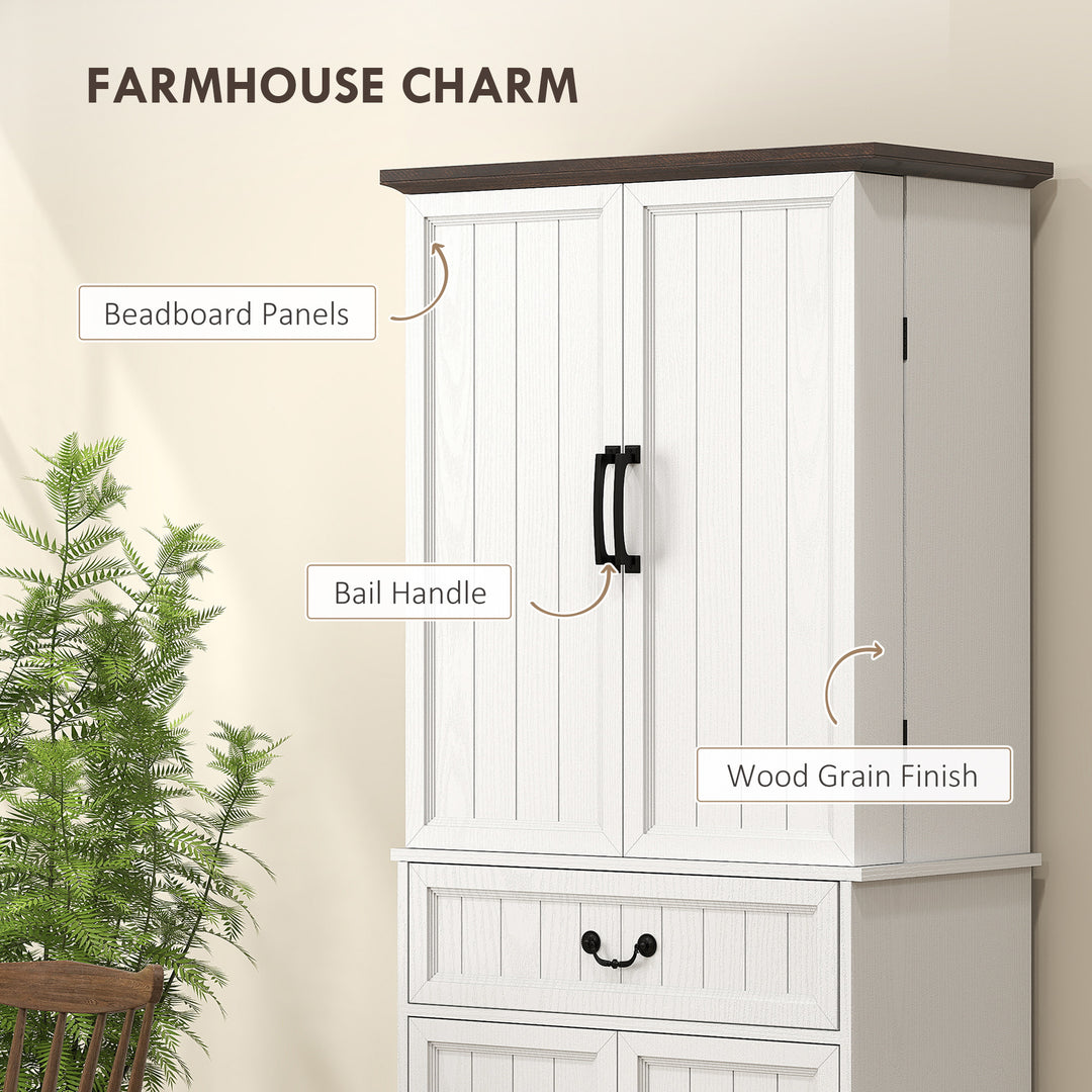 Buy farmhouse furniture Amara Farmhouse Kitchen Pantry Cabinet | Distressed White with LED Light &amp; Storage Shelves - Modern Cottage Farmhouse Furniture