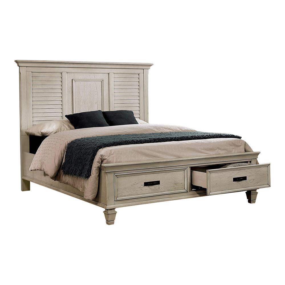 Buy farmhouse furniture Franco Distressed White Wood Mediterranean Farmhouse King Storage Panel Bed Frame - Modern Cottage Farmhouse Furniture