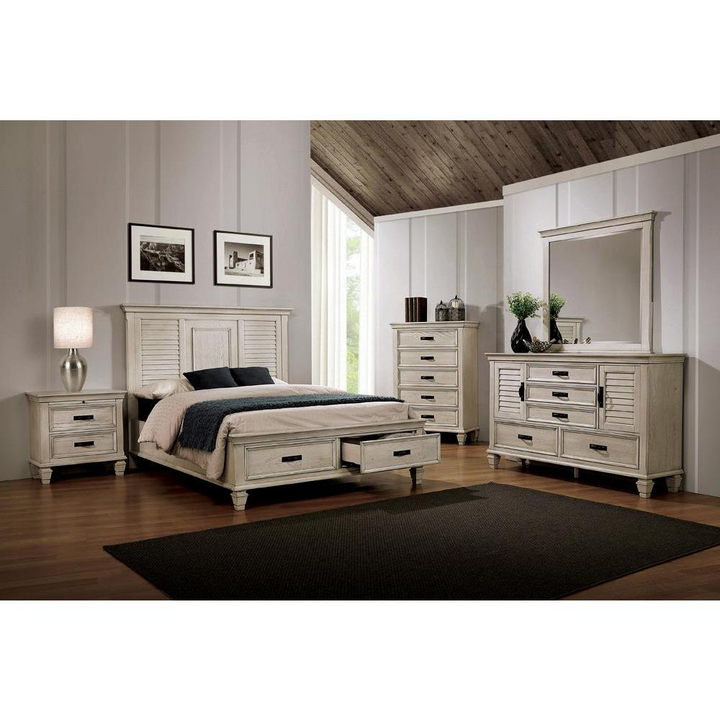 Buy farmhouse furniture Franco Distressed White Wood Mediterranean Farmhouse King Storage Panel Bed Frame - Modern Cottage Farmhouse Furniture