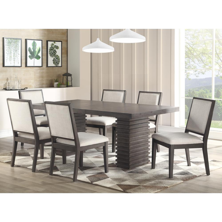 Buy farmhouse furniture Mila Dining Table - Modern Trestle Base, Washed Grey Finish, Extendable to 78" with 18" Leaf - Modern Cottage Farmhouse Furniture
