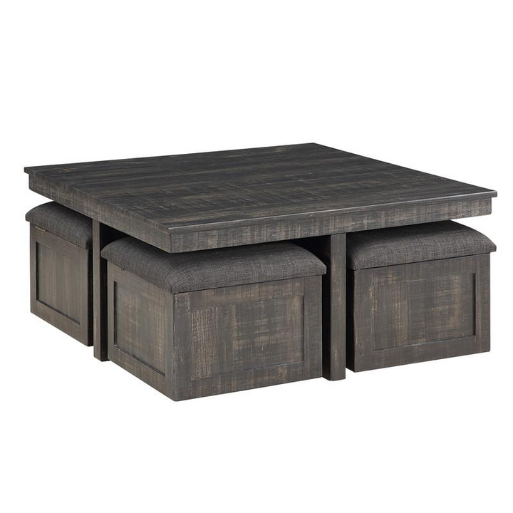 Buy farmhouse furniture Moseberg Gray Mediterranean Farmhouse Oak Coffee Table with Storage Stools - Modern Cottage Farmhouse Furniture