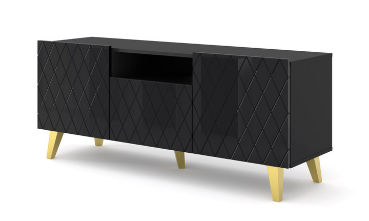Buy farmhouse furniture Diuna tv stand 145 2D1K / 56,9 in black / black gloss / gold leg - Modern Cottage Farmhouse Furniture