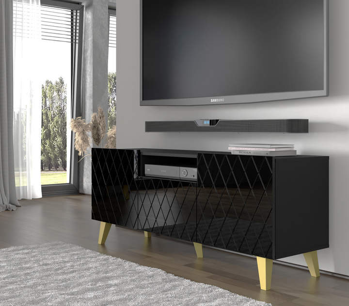 Buy farmhouse furniture Diuna tv stand 145 2D1K / 56,9 in black / black gloss / gold leg - Modern Cottage Farmhouse Furniture