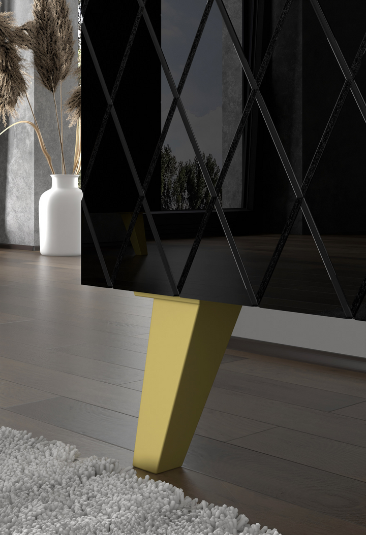 Buy farmhouse furniture Diuna tv stand 145 2D1K / 56,9 in black / black gloss / gold leg - Modern Cottage Farmhouse Furniture