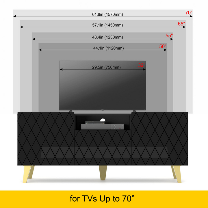 Buy farmhouse furniture Diuna tv stand 145 2D1K / 56,9 in black / black gloss / gold leg - Modern Cottage Farmhouse Furniture