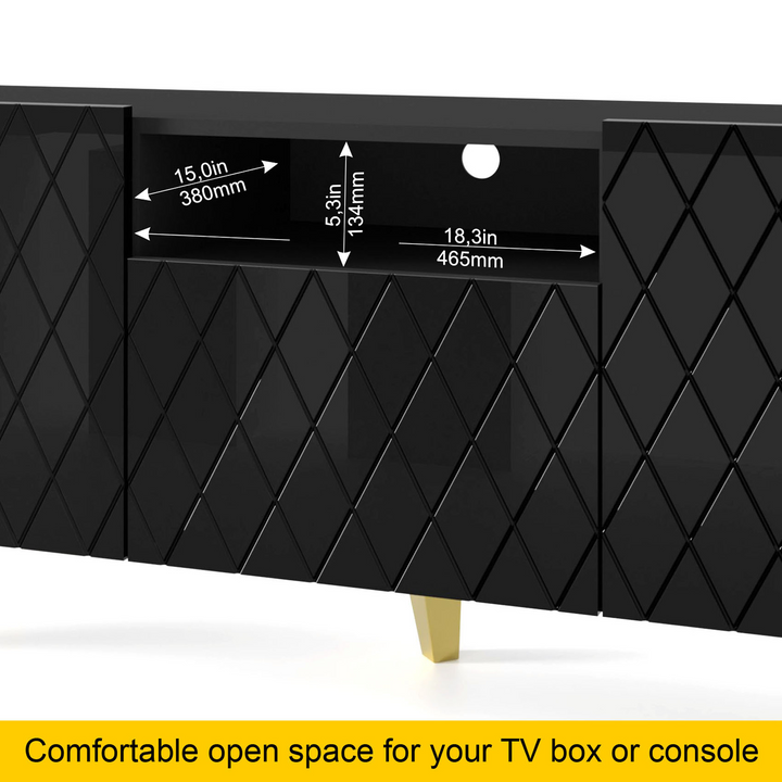 Buy farmhouse furniture Diuna tv stand 145 2D1K / 56,9 in black / black gloss / gold leg - Modern Cottage Farmhouse Furniture