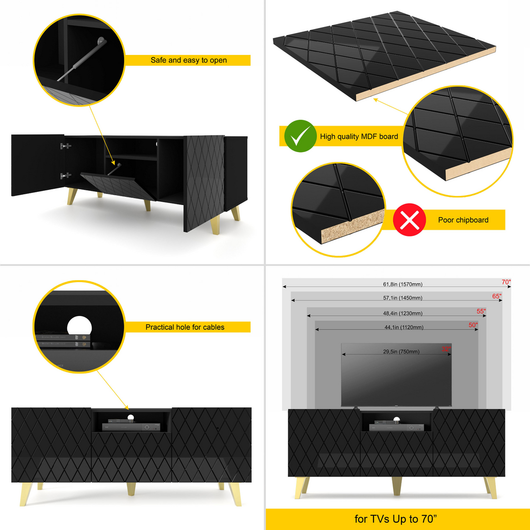 Buy farmhouse furniture Diuna tv stand 145 2D1K / 56,9 in black / black gloss / gold leg - Modern Cottage Farmhouse Furniture