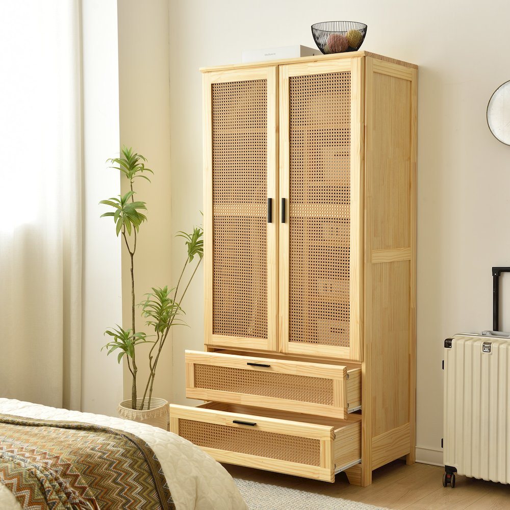 Buy farmhouse furniture Pine Wood Closet with Rattan Doors and Two Drawers (Natural) - Modern Cottage Farmhouse Furniture