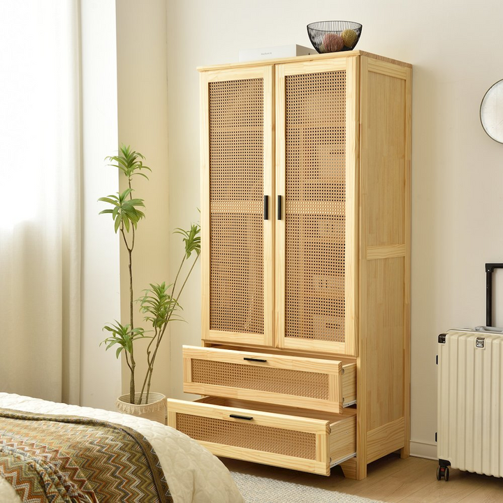 Buy farmhouse furniture Pine Wood Closet with Rattan Doors and Two Drawers (Natural) - Modern Cottage Farmhouse Furniture
