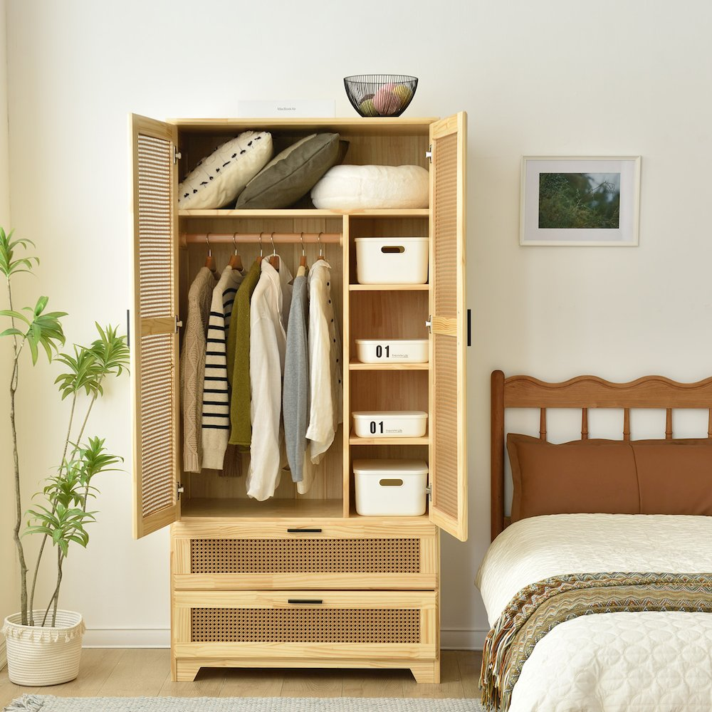Buy farmhouse furniture Pine Wood Closet with Rattan Doors and Two Drawers (Natural) - Modern Cottage Farmhouse Furniture