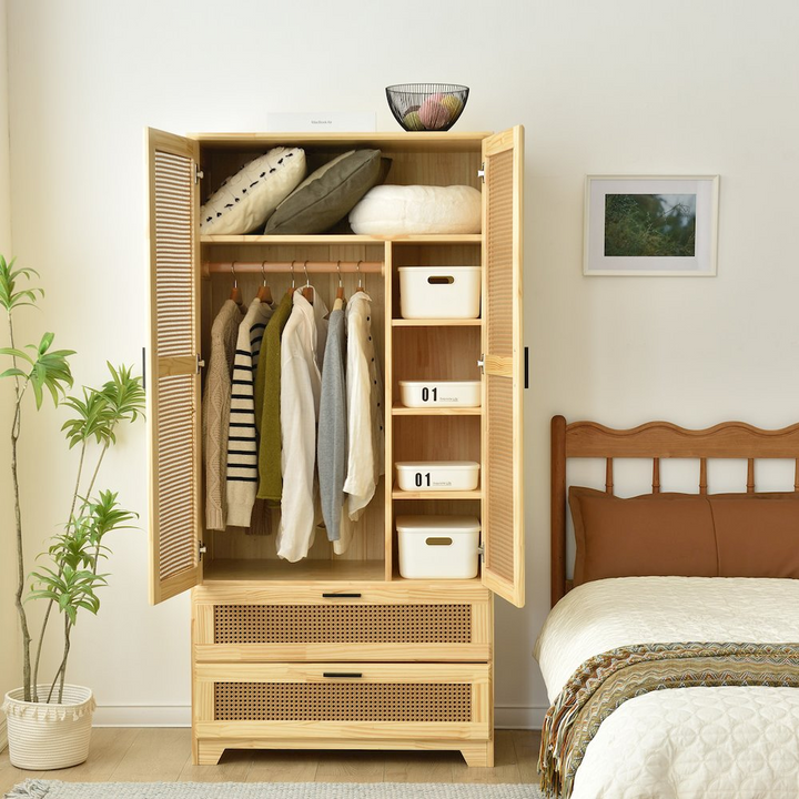 Buy farmhouse furniture Pine Wood Closet with Rattan Doors and Two Drawers (Natural) - Modern Cottage Farmhouse Furniture