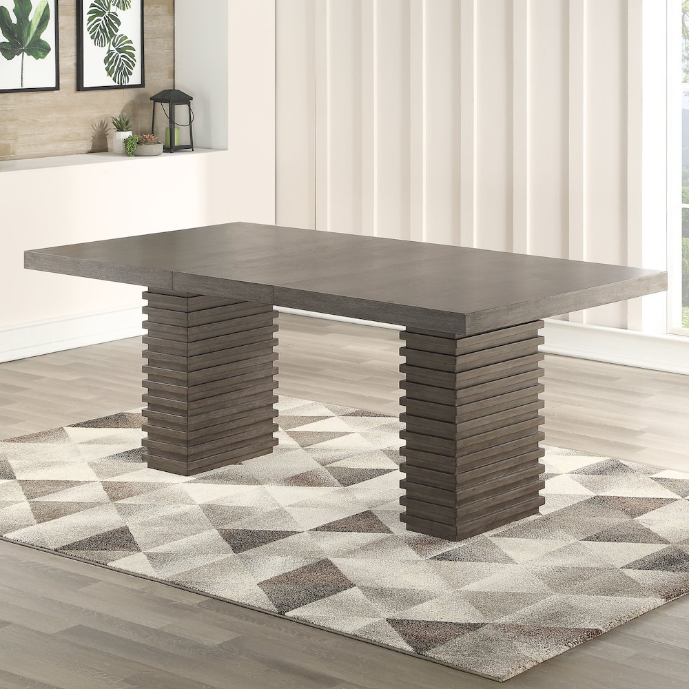 Buy farmhouse furniture Mila Dining Table - Modern Trestle Base, Washed Grey Finish, Extendable to 78" with 18" Leaf - Modern Cottage Farmhouse Furniture