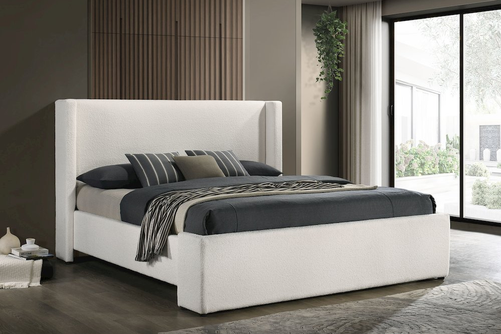 Buy farmhouse furniture Alamosa White Boucle Platform Bed | Wingback Upholstered Eastern King Bed Frame - Modern Cottage Farmhouse Furniture