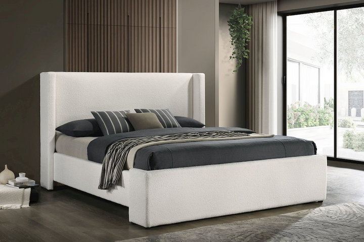 Buy farmhouse furniture Alamosa White Boucle Platform Bed | Wingback Upholstered Eastern King Bed Frame - Modern Cottage Farmhouse Furniture