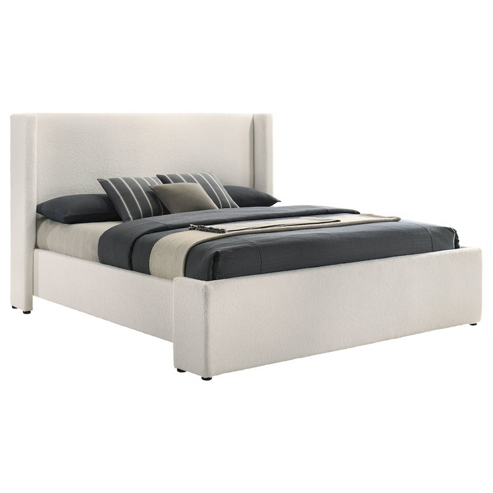 Buy farmhouse furniture Alamosa White Boucle Platform Bed | Wingback Upholstered Eastern King Bed Frame - Modern Cottage Farmhouse Furniture