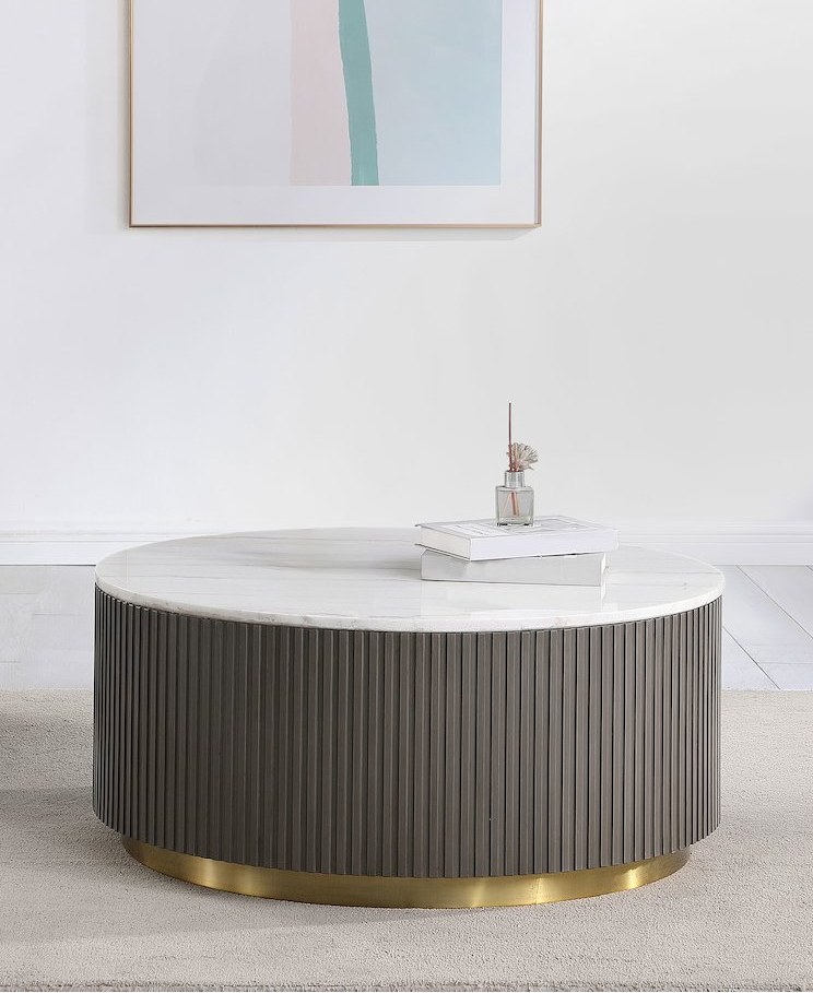 Buy farmhouse furniture Eirini Mediterranean Farmhouse Round Marble Top Coffee Table White and Charcoal - Modern Cottage Farmhouse Furniture