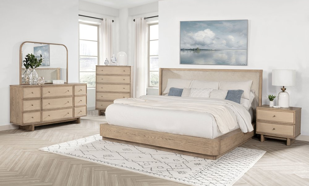 Buy farmhouse furniture Kailani 49-inch Beige Oak Mediterranean Farmhouse King Wingback Bed Frame - Modern Cottage Farmhouse Furniture