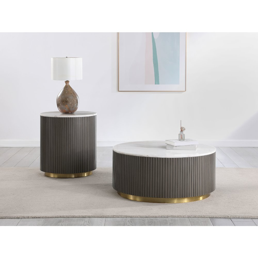 Buy farmhouse furniture Eirini Mediterranean Farmhouse Round Marble Top Coffee Table White and Charcoal - Modern Cottage Farmhouse Furniture