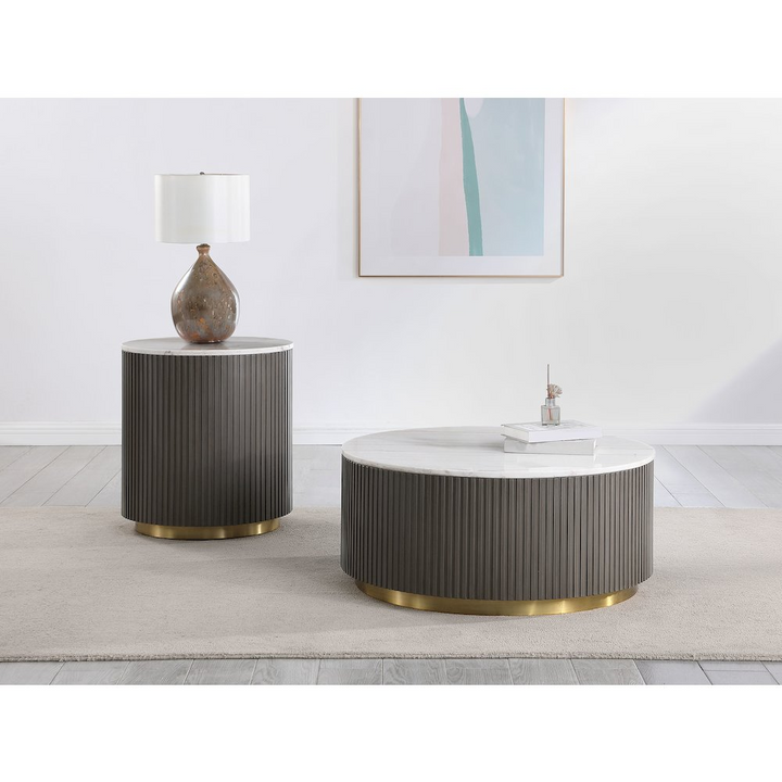 Buy farmhouse furniture Eirini Mediterranean Farmhouse Round Marble Top Coffee Table White and Charcoal - Modern Cottage Farmhouse Furniture