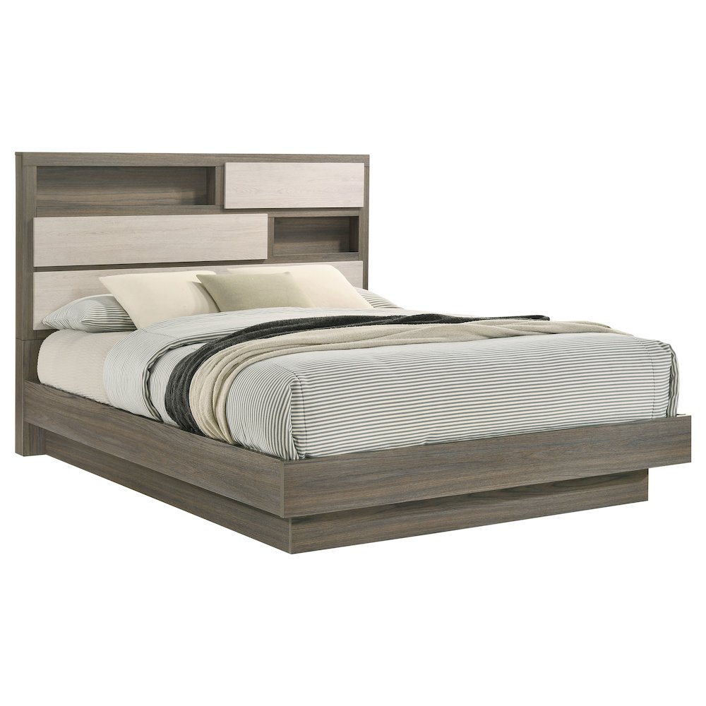 Buy farmhouse furniture Fenwick Queen Bed Bookcase Headboard Grey Oak - Modern Cottage Farmhouse Furniture